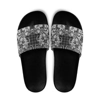 Hawaii Palaka Slide Sandals Black Tribal Pattern With Tropical Flowers - Polynesian Pride