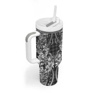 Hawaii Palaka Tumbler With Handle Black Tribal Pattern With Tropical Flowers - Polynesian Pride
