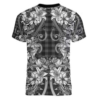 Hawaii Palaka Women V-Neck T-Shirt Black Tribal Pattern With Tropical Flowers - Polynesian Pride