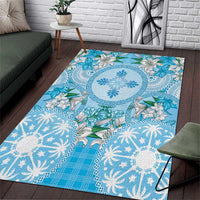 Hawaii Cyan Palaka Area Rug With Tapa Pattern Tropical Flowers - Polynesian Pride