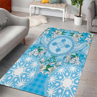 Hawaii Cyan Palaka Area Rug With Tapa Pattern Tropical Flowers - Polynesian Pride