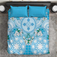 Hawaii Cyan Palaka Bedding Set With Tapa Pattern Tropical Flowers - Polynesian Pride