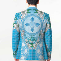 Hawaii Cyan Palaka Blazer With Tapa Pattern Tropical Flowers - Polynesian Pride