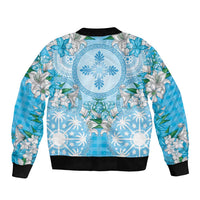 Hawaii Cyan Palaka Bomber Jacket With Tapa Pattern Tropical Flowers - Polynesian Pride