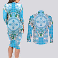 Hawaii Cyan Palaka Couples Matching Long Sleeve Bodycon Dress and Long Sleeve Button Shirt With Tapa Pattern Tropical Flowers - Polynesian Pride