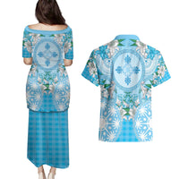 Hawaii Cyan Palaka Couples Matching Puletasi and Hawaiian Shirt With Tapa Pattern Tropical Flowers - Polynesian Pride