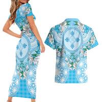 Hawaii Cyan Palaka Couples Matching Short Sleeve Bodycon Dress and Hawaiian Shirt With Tapa Pattern Tropical Flowers - Polynesian Pride