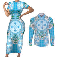 Hawaii Cyan Palaka Couples Matching Short Sleeve Bodycon Dress and Long Sleeve Button Shirt With Tapa Pattern Tropical Flowers - Polynesian Pride