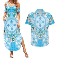Hawaii Cyan Palaka Couples Matching Summer Maxi Dress and Hawaiian Shirt With Tapa Pattern Tropical Flowers - Polynesian Pride