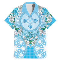 Hawaii Cyan Palaka Family Matching Mermaid Dress and Hawaiian Shirt With Tapa Pattern Tropical Flowers - Polynesian Pride