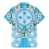 Hawaii Cyan Palaka Family Matching Mermaid Dress and Hawaiian Shirt With Tapa Pattern Tropical Flowers - Polynesian Pride