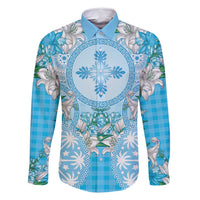 Hawaii Cyan Palaka Family Matching Mermaid Dress and Hawaiian Shirt With Tapa Pattern Tropical Flowers - Polynesian Pride