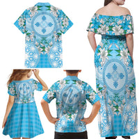 Hawaii Cyan Palaka Family Matching Off Shoulder Maxi Dress and Hawaiian Shirt With Tapa Pattern Tropical Flowers - Polynesian Pride