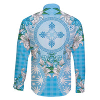 Hawaii Cyan Palaka Family Matching Off Shoulder Maxi Dress and Hawaiian Shirt With Tapa Pattern Tropical Flowers - Polynesian Pride