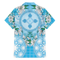 Hawaii Cyan Palaka Family Matching Off Shoulder Short Dress and Hawaiian Shirt With Tapa Pattern Tropical Flowers - Polynesian Pride