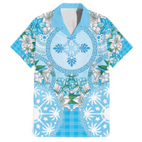 Hawaii Cyan Palaka Family Matching Summer Maxi Dress and Hawaiian Shirt With Tapa Pattern Tropical Flowers - Polynesian Pride