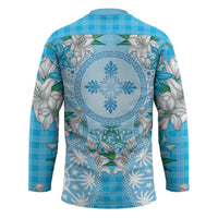 Hawaii Cyan Palaka Hockey Jersey With Tapa Pattern Tropical Flowers - Polynesian Pride