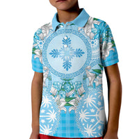 Hawaii Cyan Palaka Kid Polo Shirt With Tapa Pattern Tropical Flowers - Polynesian Pride