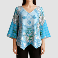 Hawaii Cyan Palaka Kimono Sleeve Blouse With Tapa Pattern Tropical Flowers - Polynesian Pride