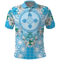 Hawaii Cyan Palaka Polo Shirt With Tapa Pattern Tropical Flowers - Polynesian Pride