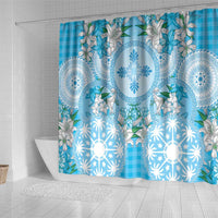 Hawaii Cyan Palaka Shower Curtain With Tapa Pattern Tropical Flowers - Polynesian Pride