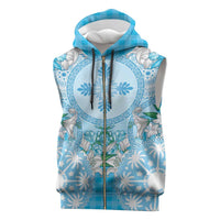 Hawaii Cyan Palaka Sleeveless Zip Hoodie With Tapa Pattern Tropical Flowers LT05 Cyan - Polynesian Pride