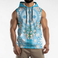 Hawaii Cyan Palaka Sleeveless Zip Hoodie With Tapa Pattern Tropical Flowers LT05 - Polynesian Pride