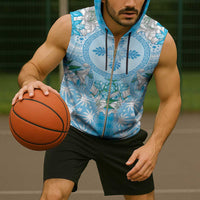 Hawaii Cyan Palaka Sleeveless Zip Hoodie With Tapa Pattern Tropical Flowers LT05 - Polynesian Pride