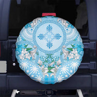 Hawaii Cyan Palaka Spare Tire Cover With Tapa Pattern Tropical Flowers - Polynesian Pride