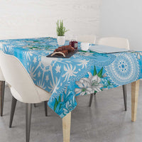 Hawaii Cyan Palaka Tablecloth With Tapa Pattern Tropical Flowers - Polynesian Pride