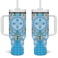 Hawaii Cyan Palaka Tumbler With Handle With Tapa Pattern Tropical Flowers - Polynesian Pride