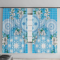 Hawaii Cyan Palaka Window Curtain With Tapa Pattern Tropical Flowers - Polynesian Pride