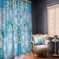 Hawaii Cyan Palaka Window Curtain With Tapa Pattern Tropical Flowers - Polynesian Pride