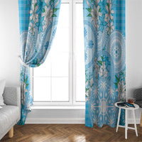 Hawaii Cyan Palaka Window Curtain With Tapa Pattern Tropical Flowers - Polynesian Pride