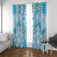 Hawaii Cyan Palaka Window Curtain With Tapa Pattern Tropical Flowers - Polynesian Pride