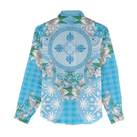 Hawaii Cyan Palaka Women Casual Shirt With Tapa Pattern Tropical Flowers - Polynesian Pride