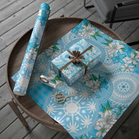 Hawaii Cyan Palaka Wrapping Paper With Tapa Pattern Tropical Flowers - Polynesian Pride