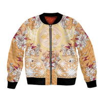 Hawaii Peach Palaka Bomber Jacket With Tapa Pattern Tropical Flowers - Polynesian Pride