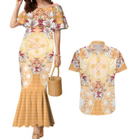 Hawaii Peach Palaka Couples Matching Mermaid Dress and Hawaiian Shirt With Tapa Pattern Tropical Flowers - Polynesian Pride