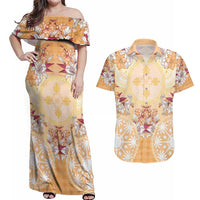 Hawaii Peach Palaka Couples Matching Off Shoulder Maxi Dress and Hawaiian Shirt With Tapa Pattern Tropical Flowers - Polynesian Pride