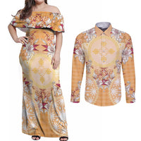 Hawaii Peach Palaka Couples Matching Off Shoulder Maxi Dress and Long Sleeve Button Shirt With Tapa Pattern Tropical Flowers - Polynesian Pride