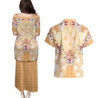 Hawaii Peach Palaka Couples Matching Puletasi and Hawaiian Shirt With Tapa Pattern Tropical Flowers - Polynesian Pride