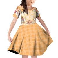 Hawaii Peach Palaka Family Matching Off Shoulder Short Dress and Hawaiian Shirt With Tapa Pattern Tropical Flowers - Polynesian Pride