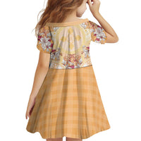 Hawaii Peach Palaka Family Matching Off Shoulder Short Dress and Hawaiian Shirt With Tapa Pattern Tropical Flowers - Polynesian Pride