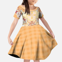 Hawaii Peach Palaka Kid Short Sleeve Dress With Tapa Pattern Tropical Flowers - Polynesian Pride