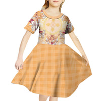 Hawaii Peach Palaka Kid Short Sleeve Dress With Tapa Pattern Tropical Flowers - Polynesian Pride