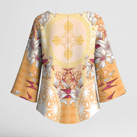 Hawaii Peach Palaka Kimono Sleeve Blouse With Tapa Pattern Tropical Flowers - Polynesian Pride