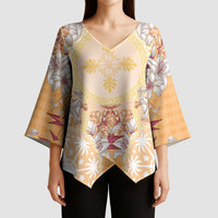 Hawaii Peach Palaka Kimono Sleeve Blouse With Tapa Pattern Tropical Flowers - Polynesian Pride