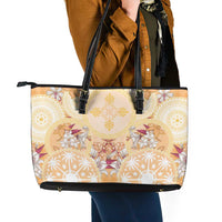 Hawaii Peach Palaka Leather Tote Bag With Tapa Pattern Tropical Flowers - Polynesian Pride