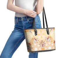 Hawaii Peach Palaka Leather Tote Bag With Tapa Pattern Tropical Flowers - Polynesian Pride
